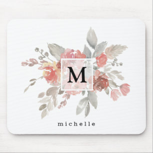 Elegant Dusty Pink Grey Flower Monogram Muismat