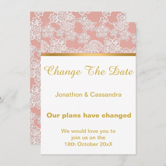 ELEGANT DUSTY PINK LACE GOLD VERANDERT DATUM (Voorkant / Achterkant)