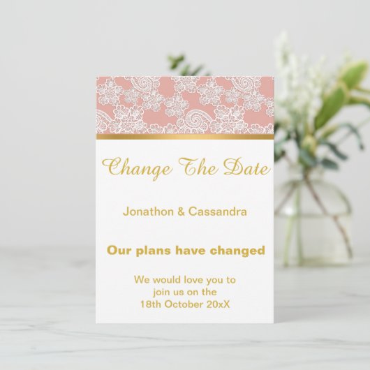ELEGANT DUSTY PINK LACE GOLD VERANDERT DATUM (Staand voorkant)