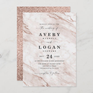Elegant Dusty Pink Marble & Glitter Wedding Kaart