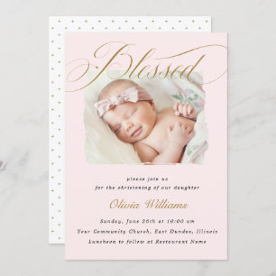 Elegant Dusty Pink Pastel Script Baptisme Foto Kaart