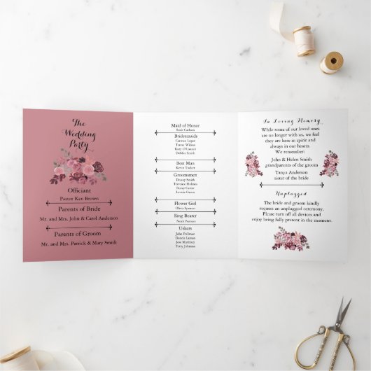 Elegant Dusty Roos Burgundy Floral Wedding Program Drieluik Programma (Binnen)