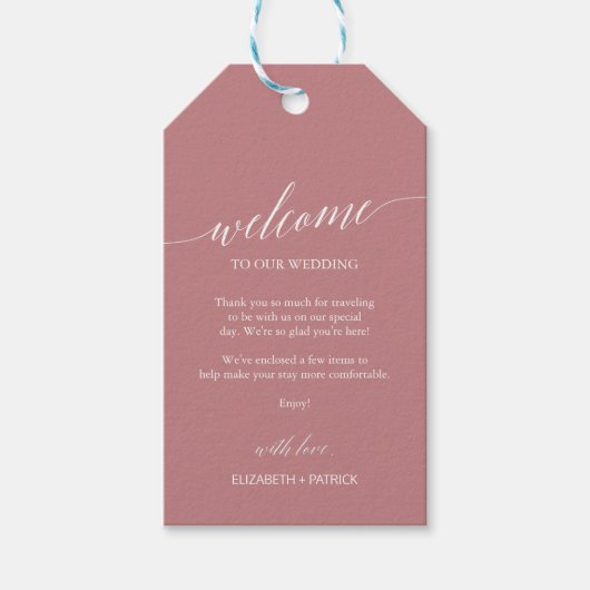 Elegant Dusty Roos Calligraphy Weddenschap Welcome Cadeaulabel (Voorkant)