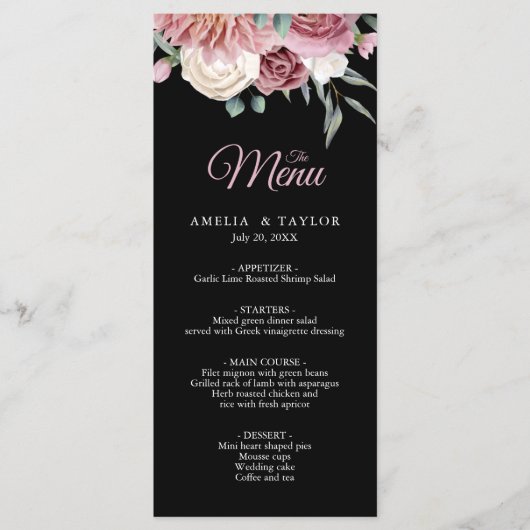 Elegant Dusty Roos Floral Black Wedding Menu (Voorkant)