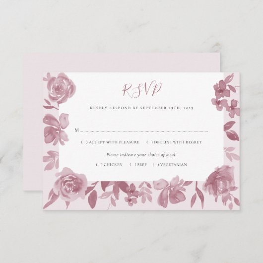 Elegant Dusty Roos Waterverf Bloemen Bruiloft RSVP (Voorkant / Achterkant)