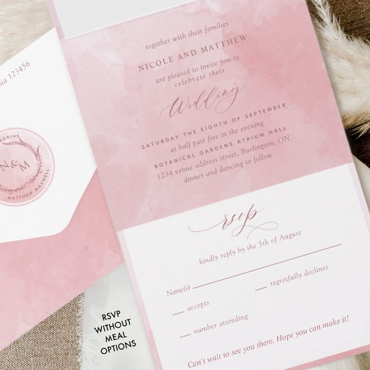 Elegant Dusty Roos Waterverf Monogram Weddenschap  All In One Uitnodiging