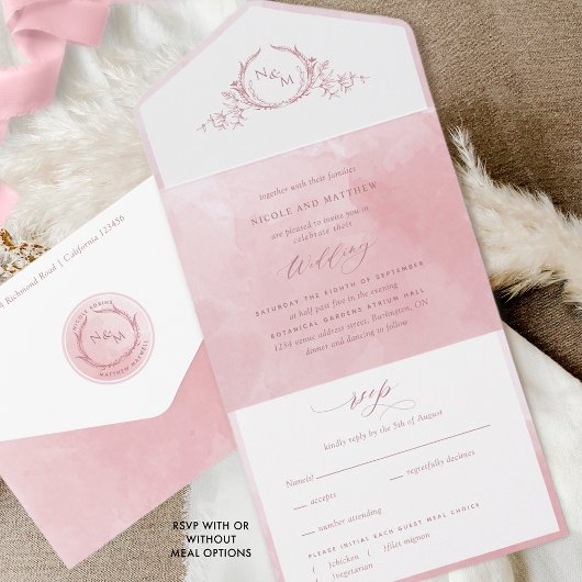 Elegant Dusty Roos Waterverf Monogram Weddenschap  All In One Uitnodiging