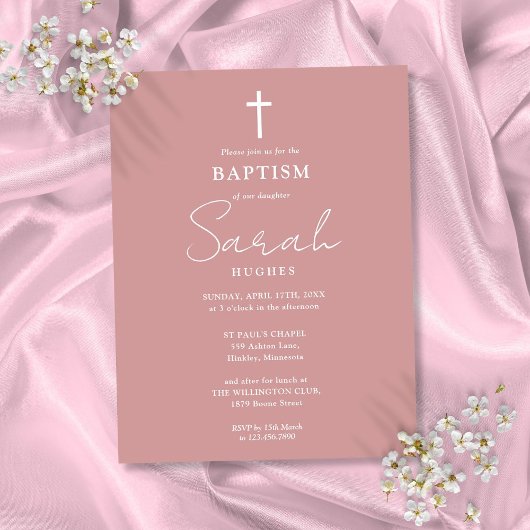 Élégant Dusty Rose Baptême Christening Invitation