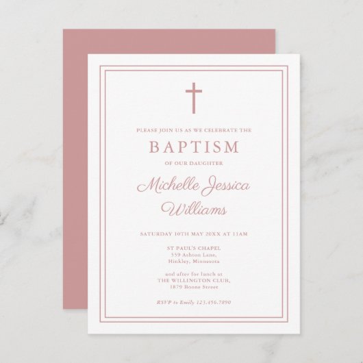 Élégant Dusty Rose Pink Border Baptism Invitation (Devant / Derrière)