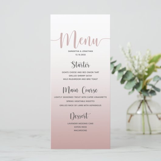 Elégant Dusty Rose Simple Mariage Dîner Menu (Debout devant)