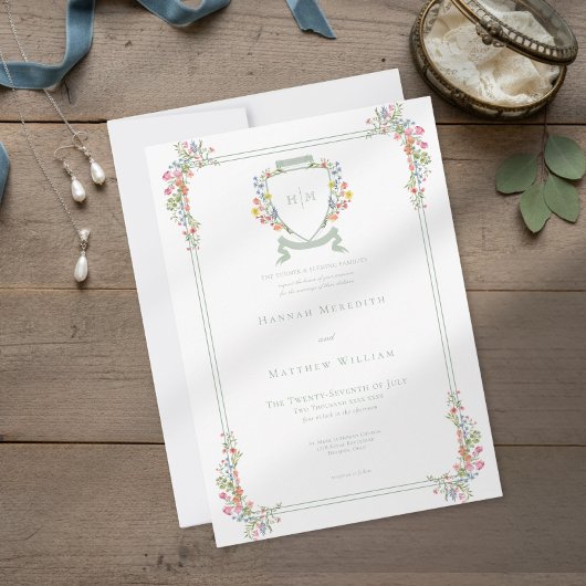 Elegant Dusty Sage Pastel Wildflower Crest Wedding Kaart