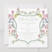 Elegant Dusty Sage Pastel Wildflower Crest Wedding Save The Date (Voorkant)