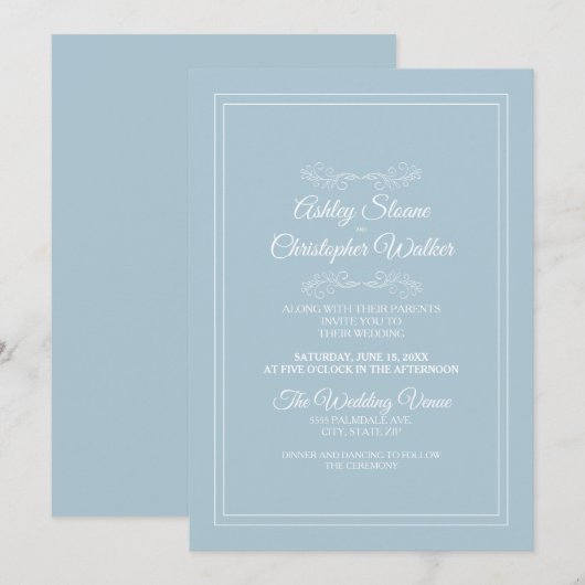 Elegant Dusty Sky Blue White Wedding Kaart (Voorkant / Achterkant)