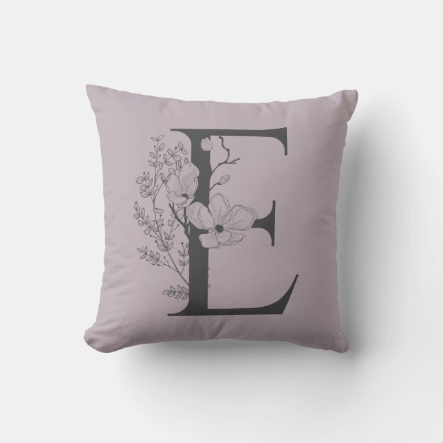 Elegant E Boho Floral Monogram Initiaal Lila grijs Kussen (Voorkant)