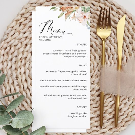 Elegant Earthy Blooms en White Wedding Menu