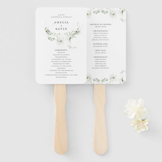 Elegant Earthy Greenery Waterverf Wedding Programm Handwaaier (Voorkant en achterkant)
