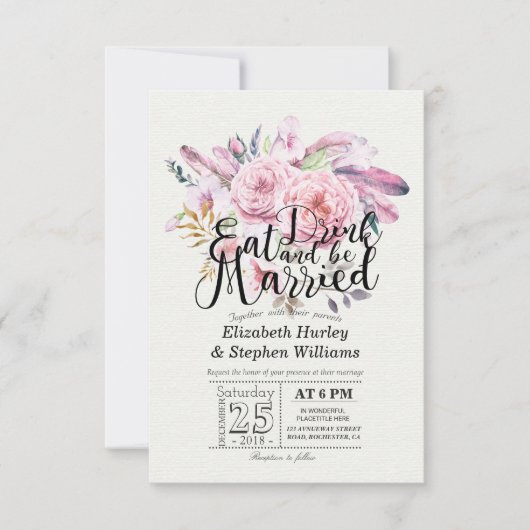 Elegant EAT Boire & Etre Marié Mariage Invitations (Devant)