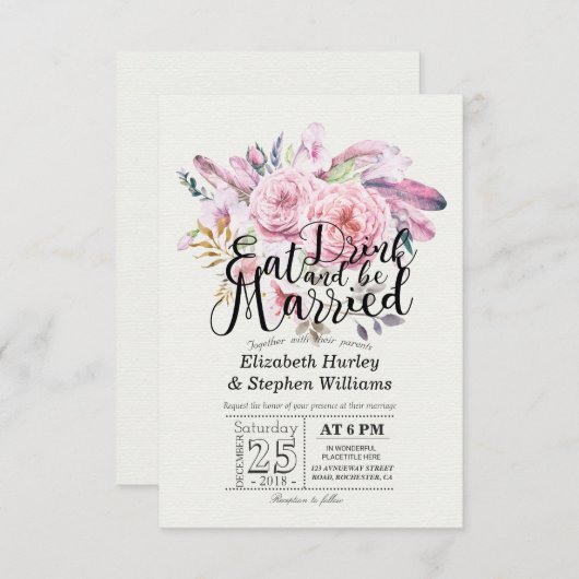 Elegant EAT Boire & Etre Marié Mariage Invitations (Devant / Derrière)