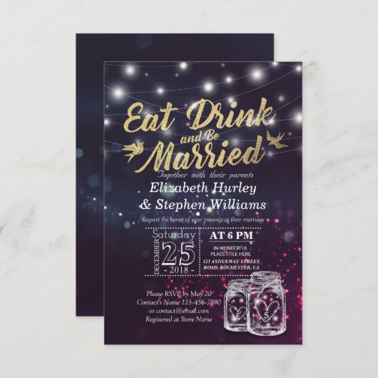 Elegant EAT Boire & Etre Marié Mariage Invitations (Devant / Derrière)