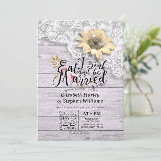 Elegant EAT Boire & Etre Marié Mariage Invitations (Debout devant)