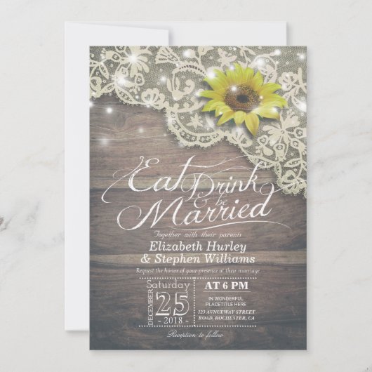 Elegant EAT Boire & Etre Marié Mariage Invitations (Devant)