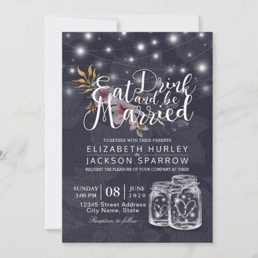 Elegant EAT Boire & Etre Marié Mariage Invitations (Devant)