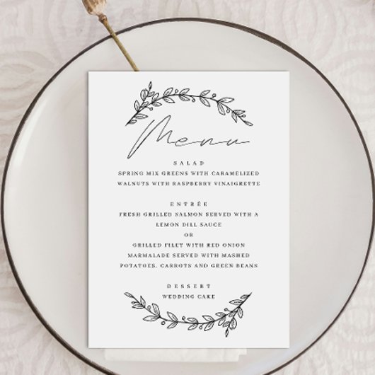 Elegant eenvoudig botanisch bloemenschrift bruilof menu