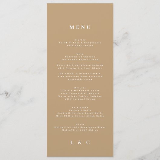 Elegant Eenvoudig Kraft Monogram Bruiloft Menu (Voorkant)