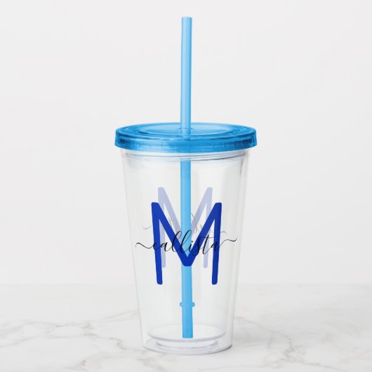 Elegant Eenvoudig Marine Blauw Wit Monogram Acryl Drinkbeker (Voorkant)