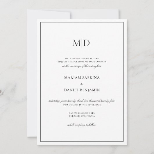 Elegant Eenvoudig Monogram Script Wit Bruiloft Kaart (Voorkant)