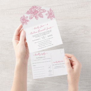 Elegant Eenvoudig Roze Bloemen Geometrisch Goud Li All In One Uitnodiging