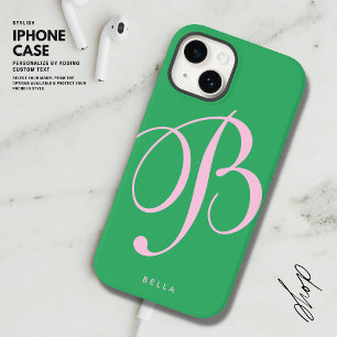 Elegant Eenvoudig Roze en Groen Script Naam Monogr Case-Mate iPhone 14 Hoesje