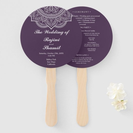 Elegant Eggplant Paisley Indian Wedding Programme Handwaaier (Voorkant en achterkant)