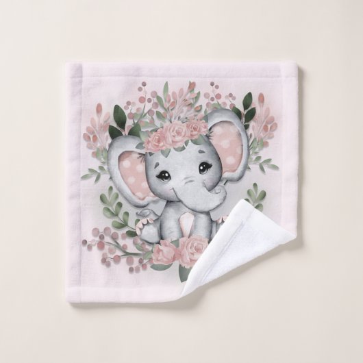 Élégant Éléphant Fleurs Roses Verdure Bain (Gant de toilette)