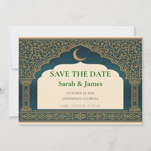 Elegant Emerald and Gold Arch Save the Date (Voorkant)