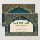 Elegant Emerald and Gold Arch Save the Date (Voorkant / Achterkant)