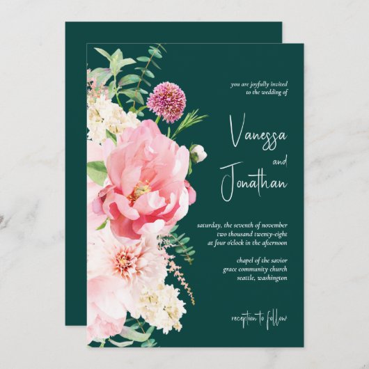 Elegant Emerald Blush Floral voornaam Dark Moody Kaart (Voorkant / Achterkant)