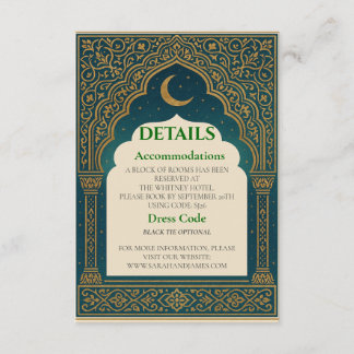 Elegant Emerald & Gold Ornate Arch Wedding Details Informatiekaartje