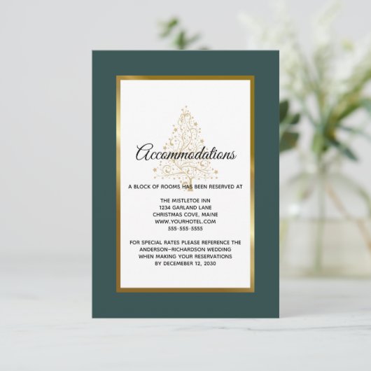 Elegant Emerald Gold Winter Wedding Accommodations Informatiekaartje (Staand voorkant)