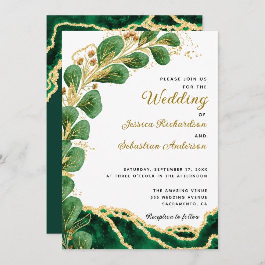 Elegant Emerald Green Agate Eucalyptus Wedding Kaart (Voorkant / Achterkant)