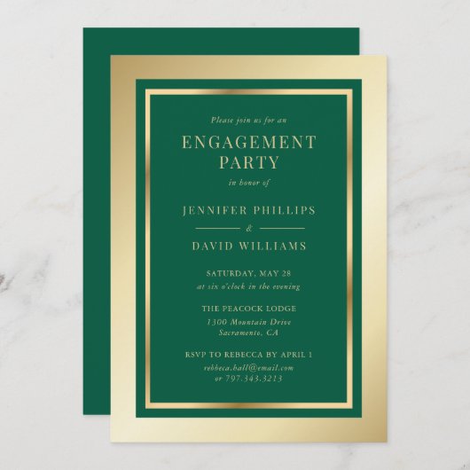 Elegant Emerald Green and Gold Engagement Party Kaart (Voorkant / Achterkant)