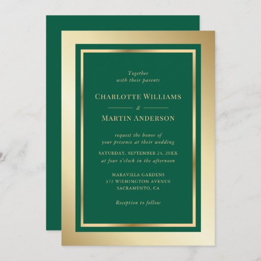 Elegant Emerald Green and Gold Wedding Kaart (Voorkant / Achterkant)