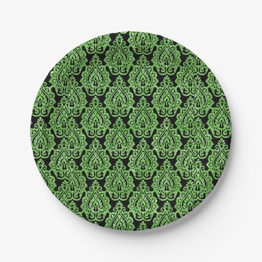 Elegant  Emerald Green Black Damask Pattern Papieren Bordje (Voorkant)