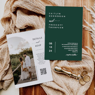 Elegant Emerald Green Boho Foto QR Code Weddenscha Kaart
