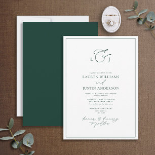 Elegant Emerald Green Calligraphy Monogram Wedding Kaart