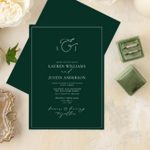 Elegant Emerald Green Calligraphy Monogram Wedding Kaart
