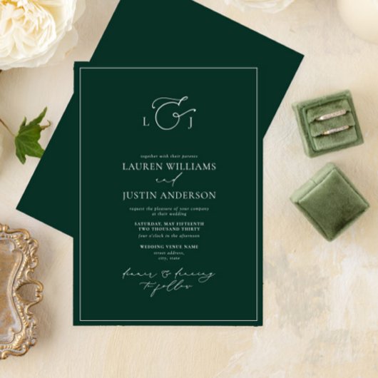 Elegant Emerald Green Calligraphy Monogram Wedding Kaart