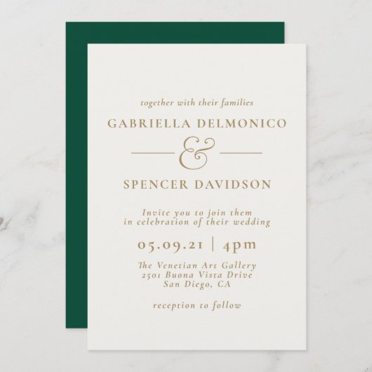 Elegant Emerald Green Cream Wedding Invitation Kaart (Voorkant / Achterkant)