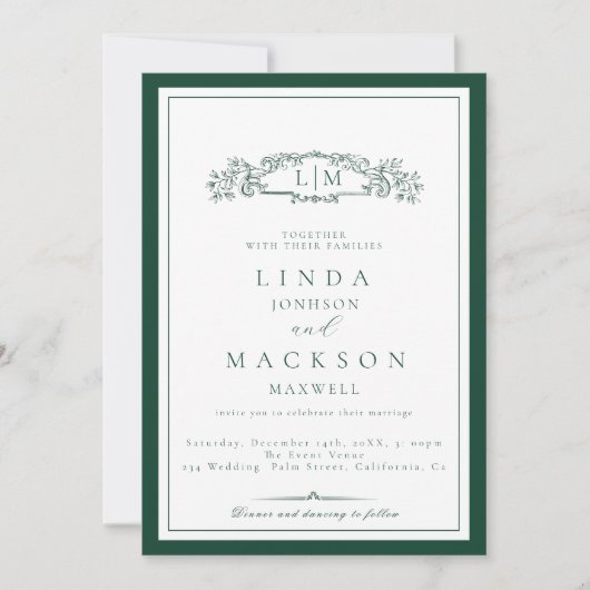 Elegant Emerald Green  Crest Monogram Wedding   Kaart (Voorkant)