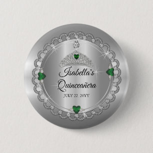 Elegant Emerald Green Diamond Crown Quinceañera Ronde Button 5,7 Cm